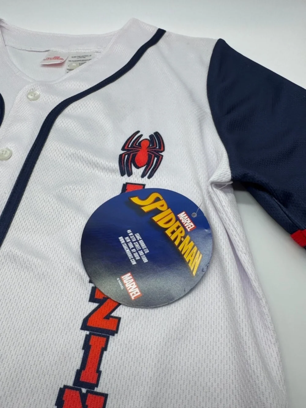 Marvel Spider-Man Baseball Jersey L 14/16 White Navy Button Up Shirt NWT
